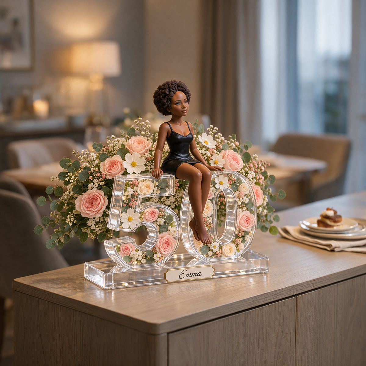 Personalized Custom Photo Floral Acrylic Number Figurine Display - 50th Birthday Gift for Women