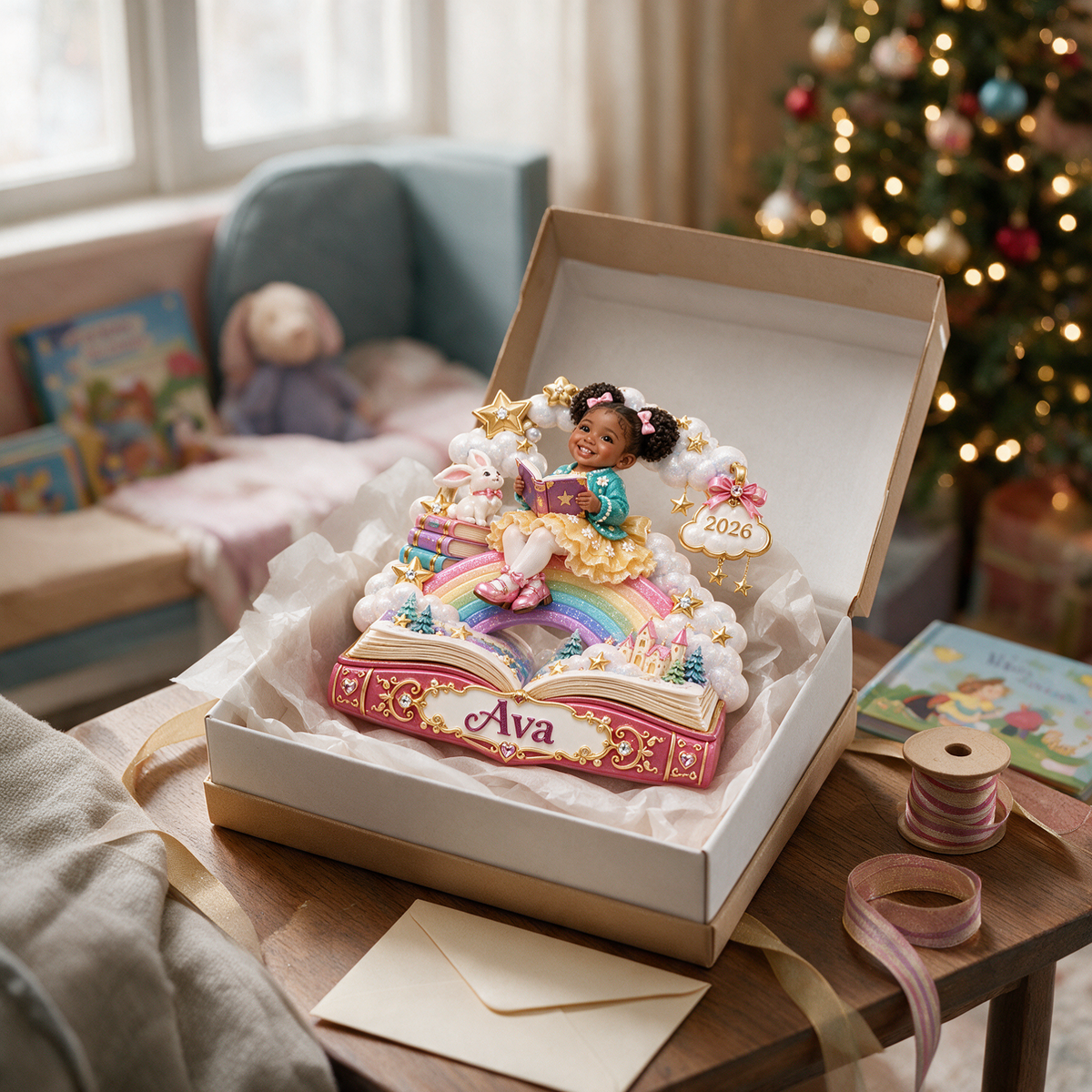 Personalized Custom Photo Rainbow Storybook 3D Ornament - 2026 Christmas Gift for Little Girls