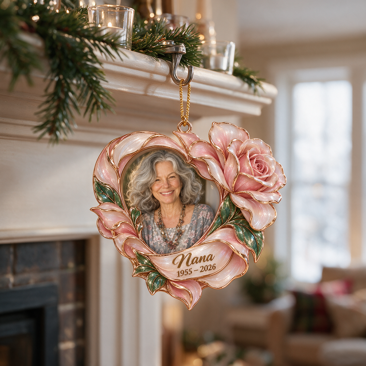 Personalized Custom Photo Rose Heart Memorial Christmas Ornament - In Memory of Grandma