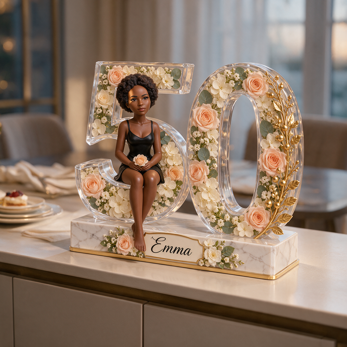 Personalized Custom Photo Floral Acrylic Number Figurine Display - 50th Birthday Gift for Women