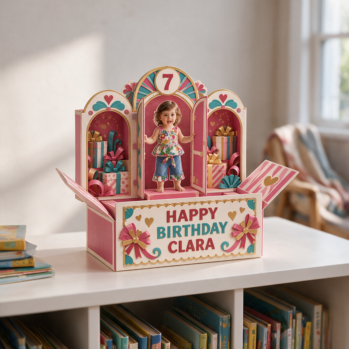 Personalized Birthday Pop Up Box Card - Arched Windows with Custom Photo, Name and Age