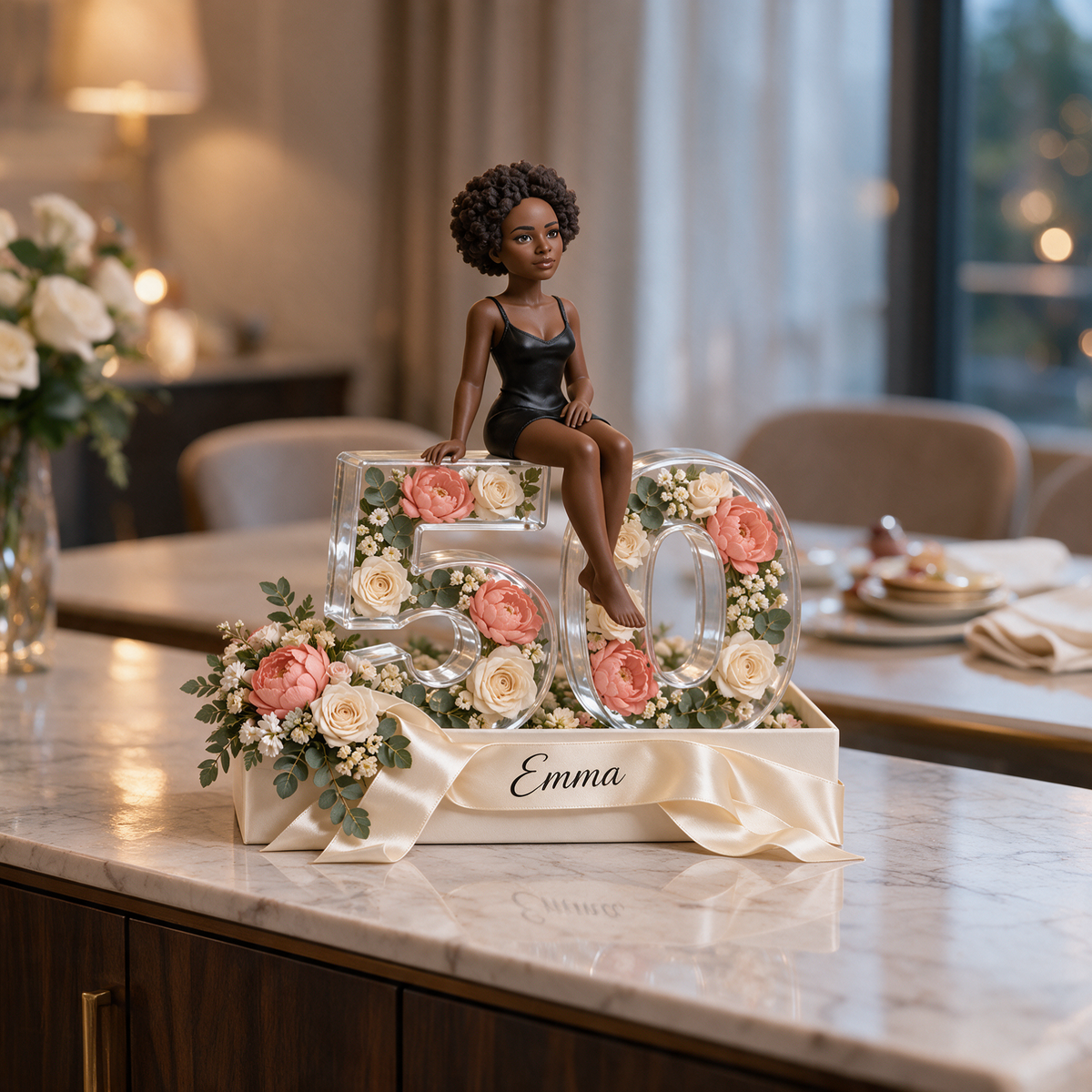 Personalized Custom Photo Floral Acrylic Number Figurine Display - 50th Birthday Gift for Women