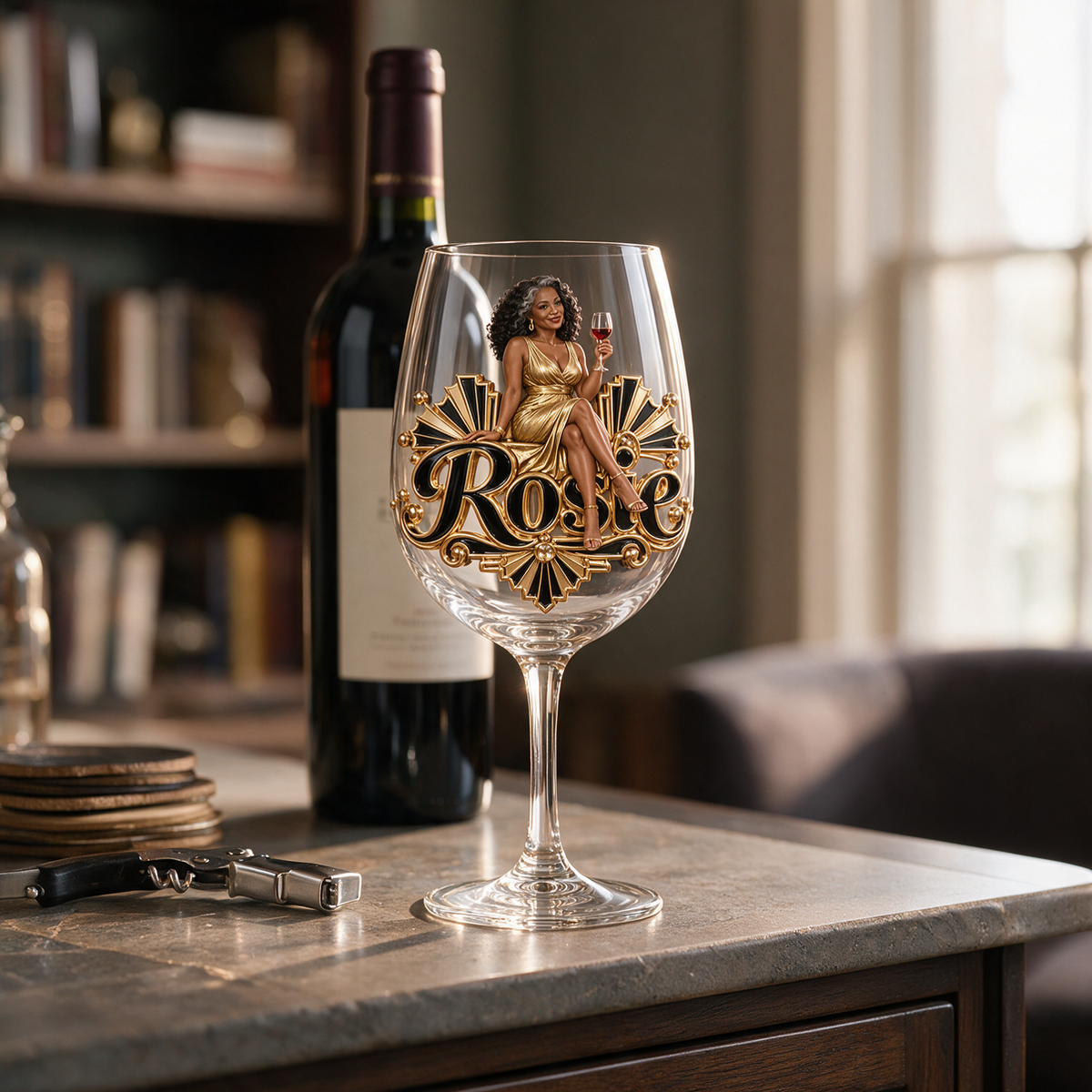 Personalized Custom Photo Art Deco Wine Glass - Gift for Older Women