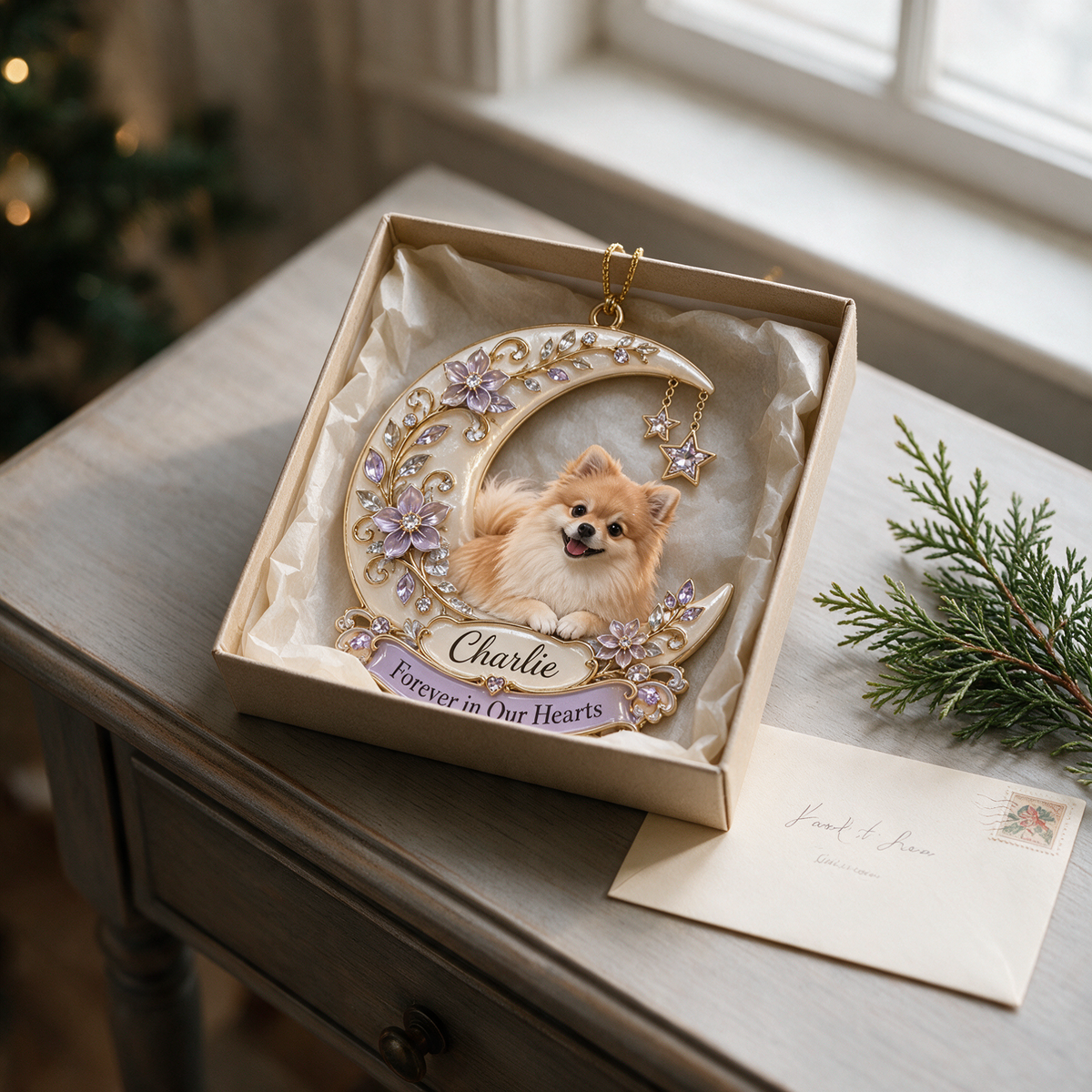 Personalized Custom Photo Pomeranian Memorial 3D Crescent Moon Ornament - Christmas Dog Lover Gift