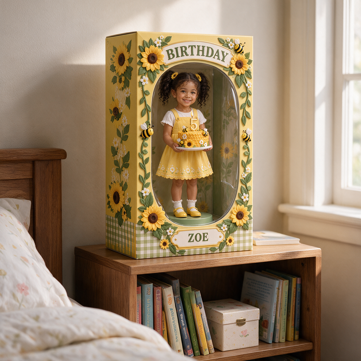 Personalized Custom Photo Sunflower Bee Acrylic Display Box - 5th Birthday Gift for Girls