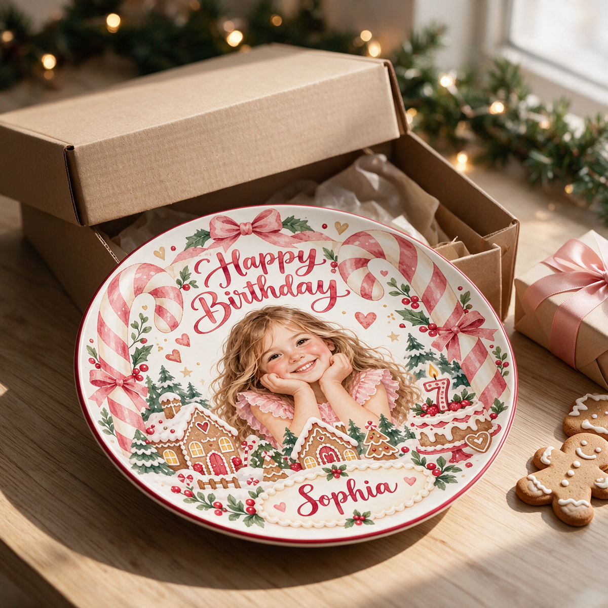 Personalized Christmas Ceramic Plate - Birthday Watercolor Portrait, Gingerbread and Candy Canes