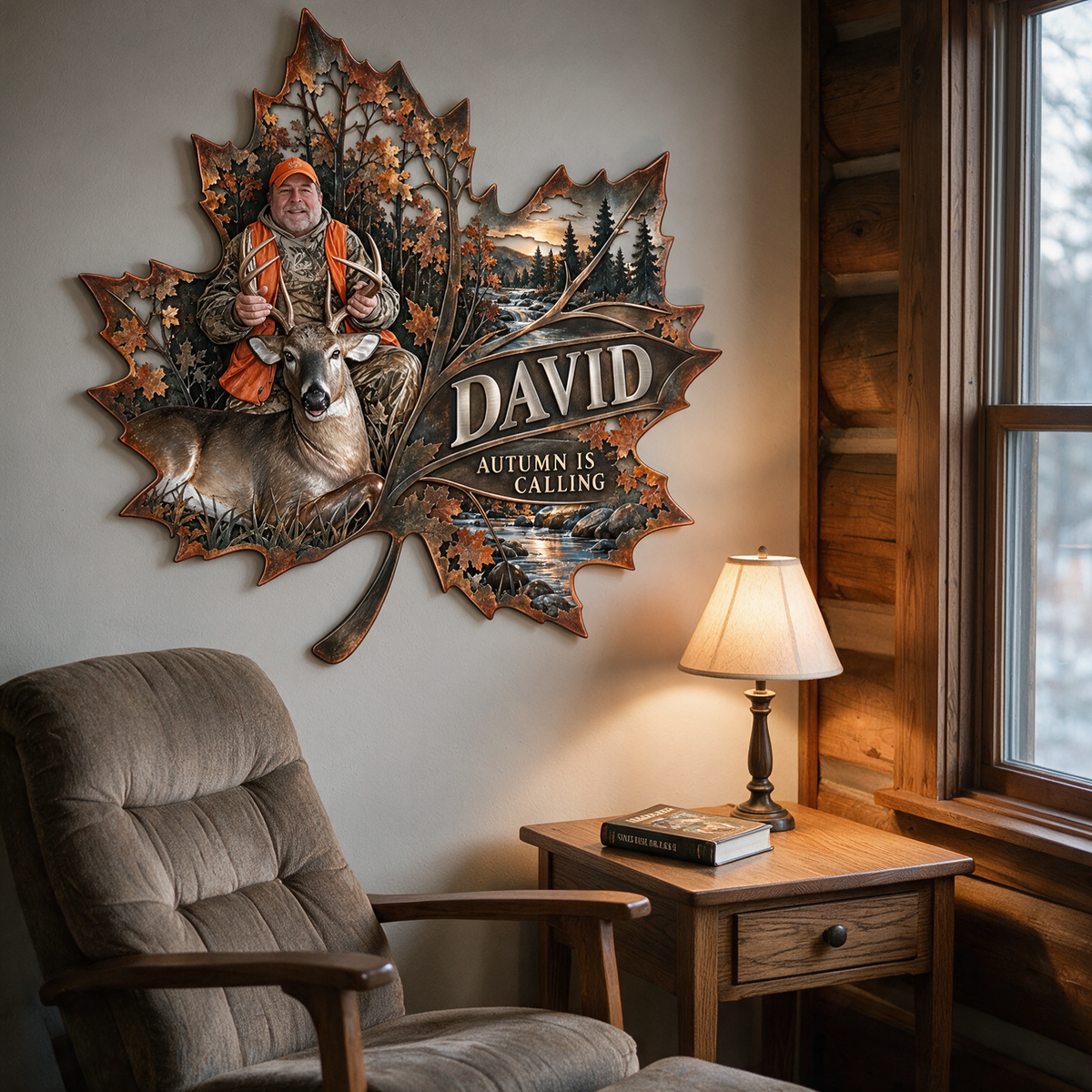 Personalized Hunting Metal Sign - Autumn Maple Leaf Wall Art with Custom Photo, Name and Text