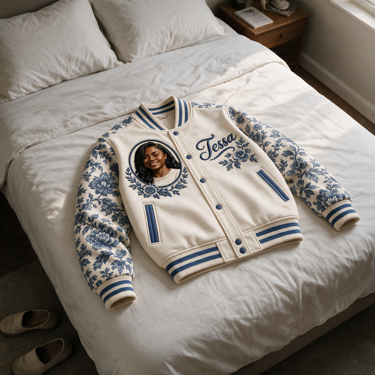 Personalized Botanical Varsity Jacket - Photo Portrait and Name, Modern Toile Style