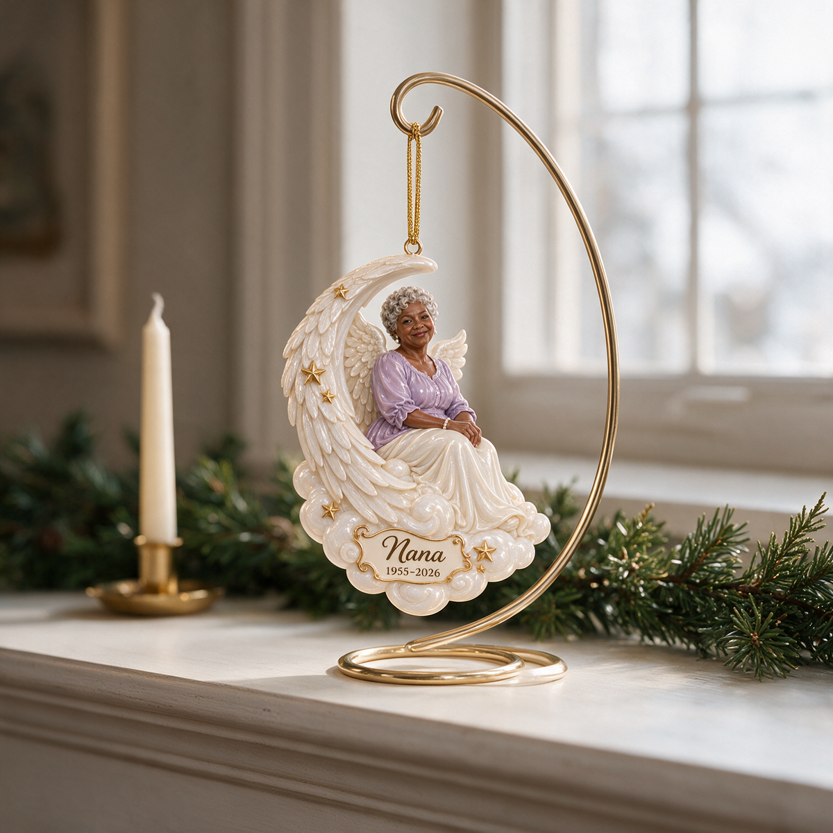 Personalized Custom Photo Crescent Moon Angel Memorial 3D Christmas Ornament - Grandmother Remembrance Keepsake