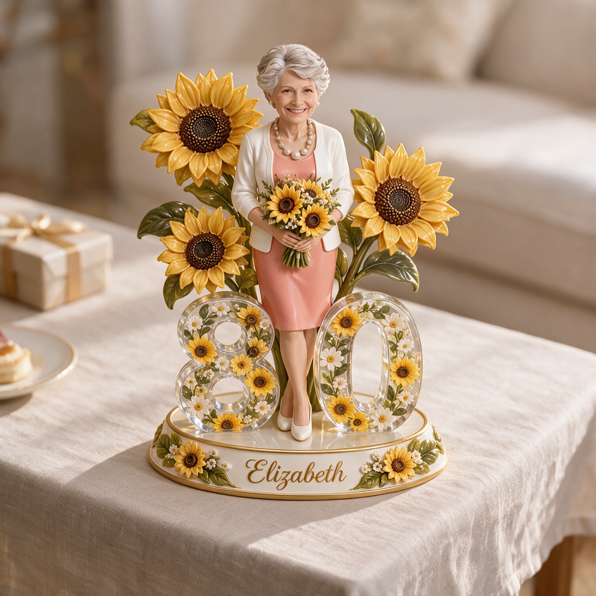 Personalized Birthday Figurine - Custom Portrait, Sunflower Keepsake Gift