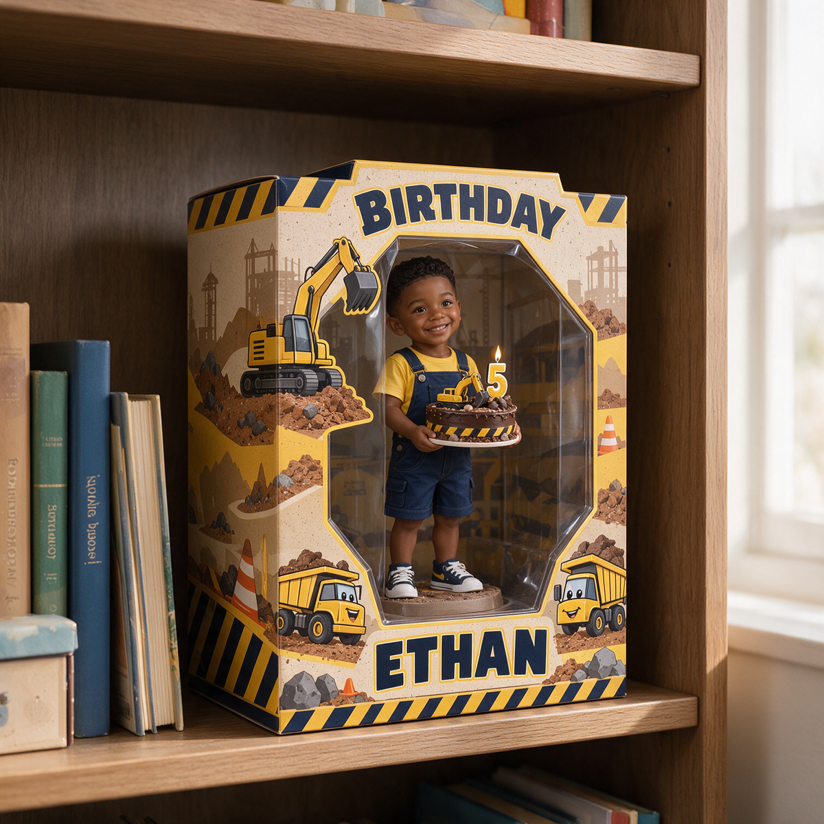 Personalized Custom Photo Construction Acrylic Display Box - 5th Birthday Gift for Boys