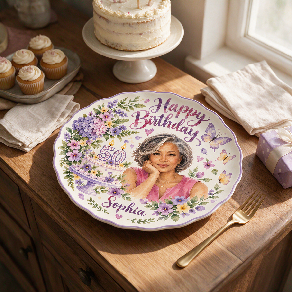 Personalized Birthday Ceramic Round Plate - Scalloped Purple Floral Portrait, Custom Name and Age