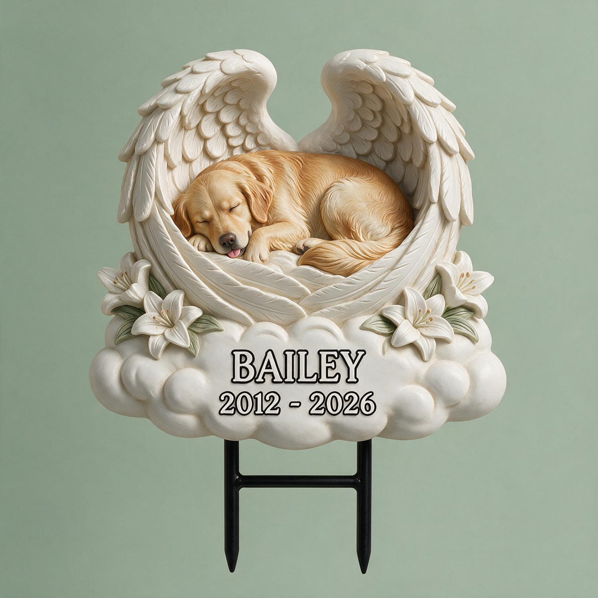 Personalized Sleeping Golden Retriever Angel Wings Memorial Yard Sign, Pet Sympathy Garden Gift