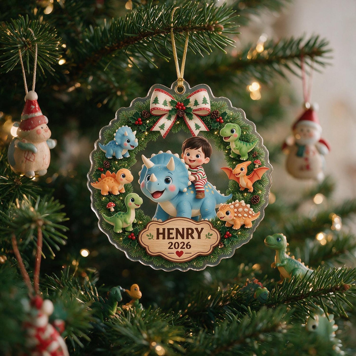 Personalized Christmas Acrylic Ornament - Cute Boy Riding Blue Triceratops with Dinosaur Wreath, Custom Name & Year Gift for Kids