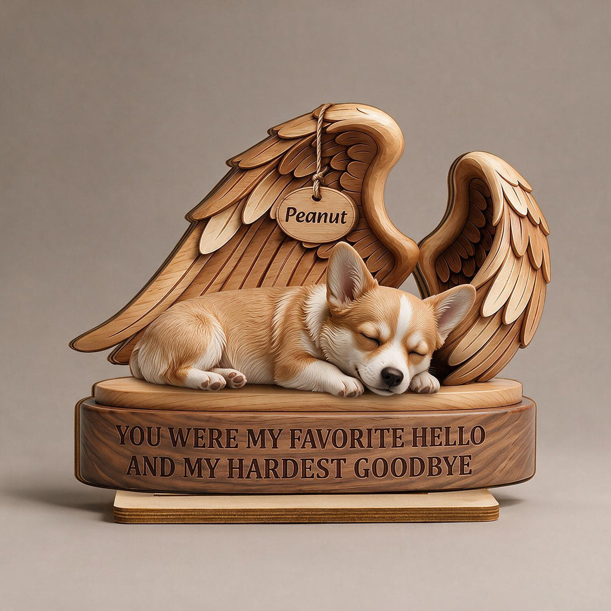 Personalized Corgi Angel Wings Pet Memorial 2-Layer Wooden Plaque - Favorite Hello Hardest Goodbye Sympathy Gift for Dog Loss