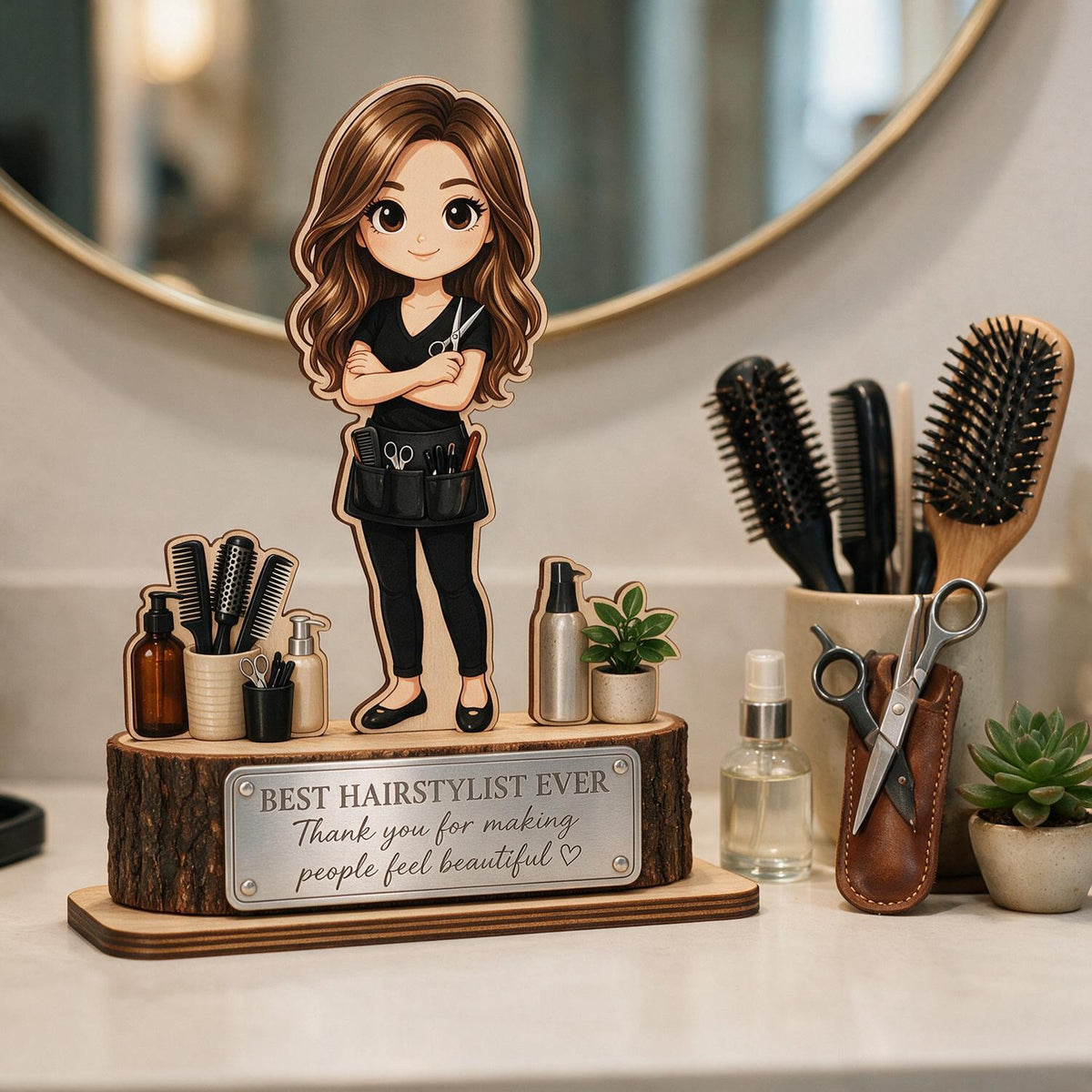 Best Hairstylist Ever 2-Layered Wooden Plaque - Chibi Hairstylist Desk Decor - Thoughtful Salon Appreciation Gift for Her