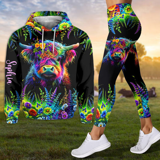 Beautiful Neon Highland Cow - Personalized Highland Cow Hoodie and Leggings