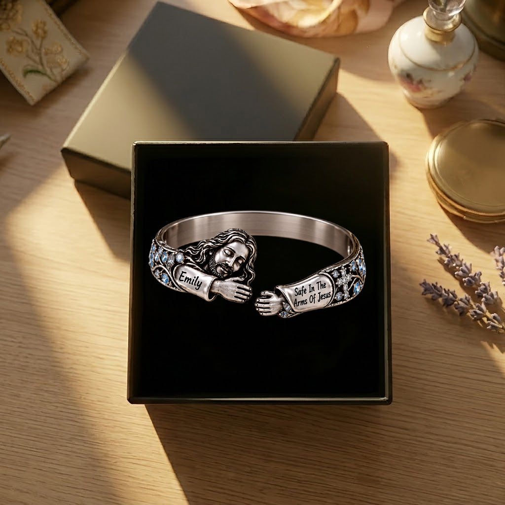 Safe In The Arms Of Jesus - Personalized Christian Shaped Cuff Bracelet
