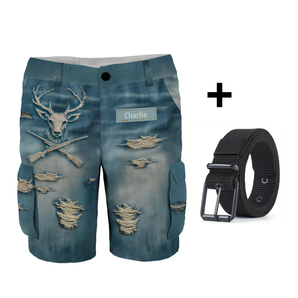 Distressed Hunting Gift - Personalized Hunting Cargo Shorts With Belt