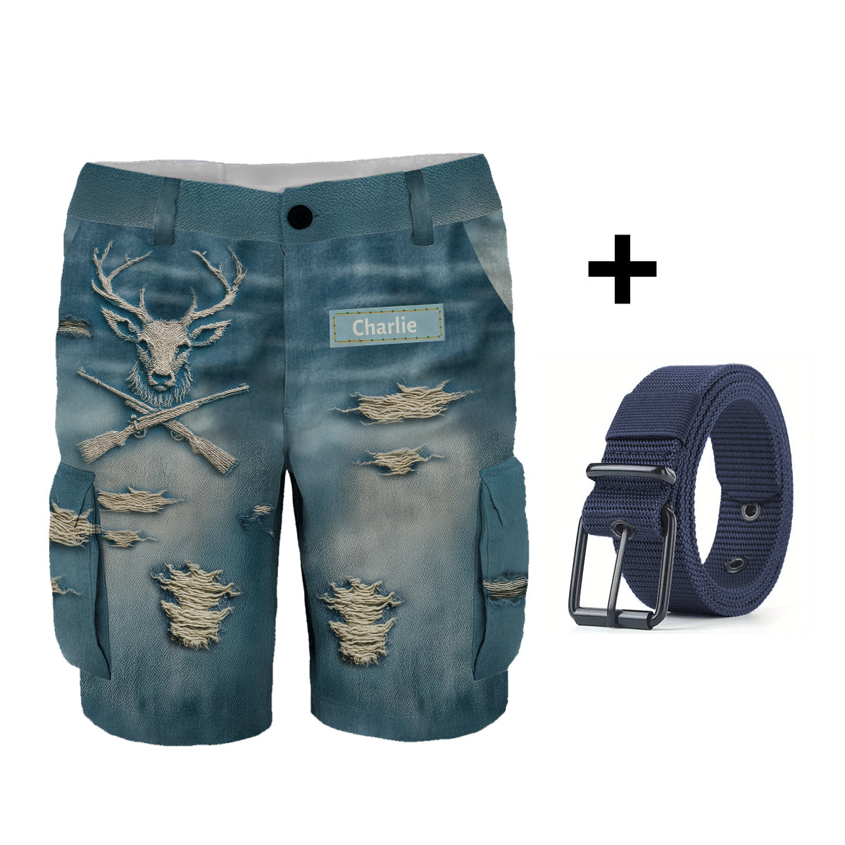 Distressed Hunting Gift - Personalized Hunting Cargo Shorts With Belt
