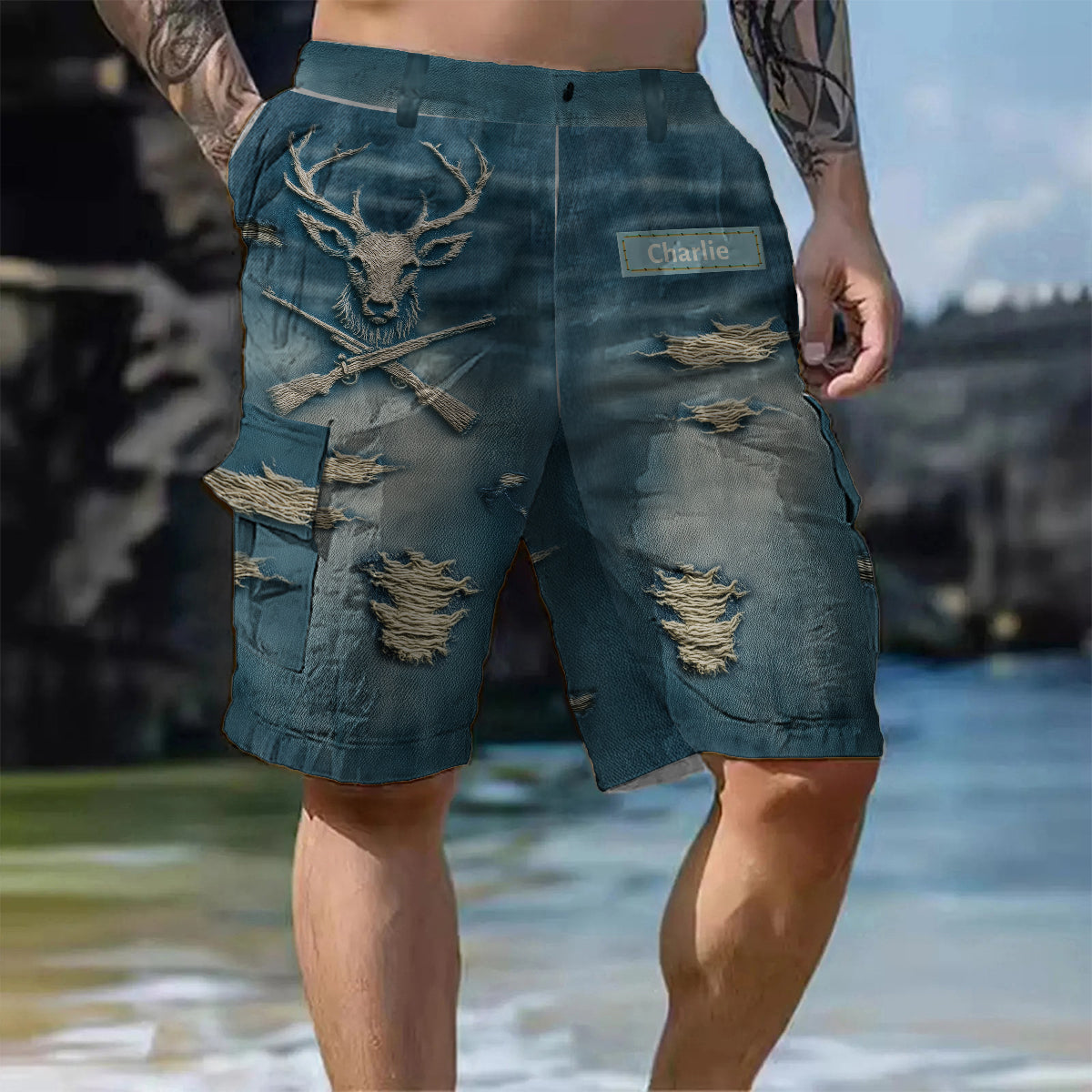 Distressed Hunting Gift - Personalized Hunting Cargo Shorts With Belt