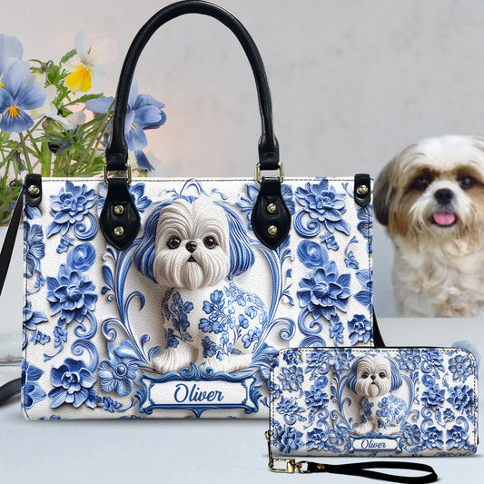 Cute Dog Shih Tzu - Personalized Dog Leather Handbag & Leather Long Wallet