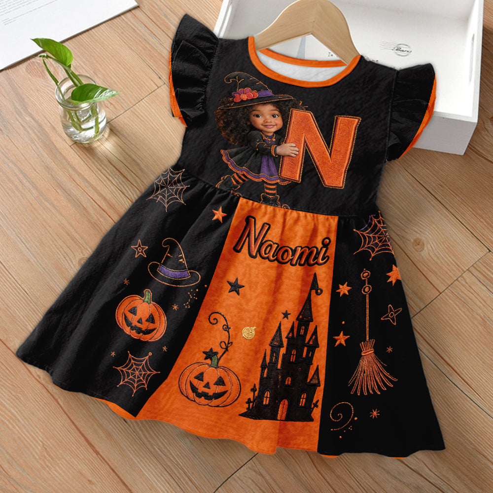 Halloween Initial Gift For Kids - Personalized Kid Kid Ruffle Sleeve Dress