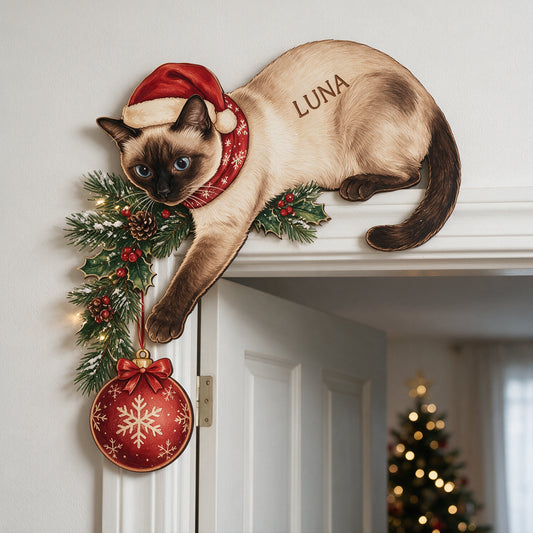 Custom Any Photo, Cute Cat Christmas - Personalized Cat Door Frame Decoration