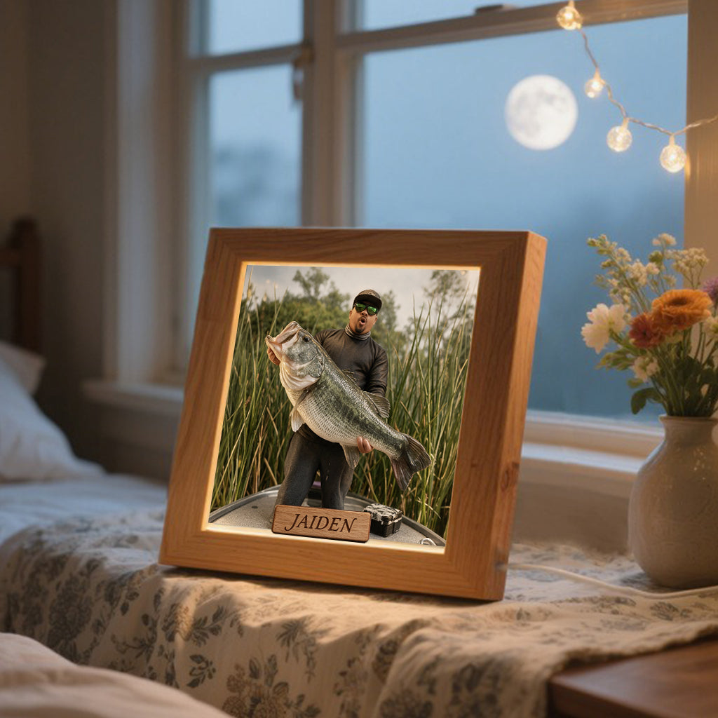 Miniature Style Gift, Custom From Any Photo - Personalized Fishing Wooden Frame LED Light
