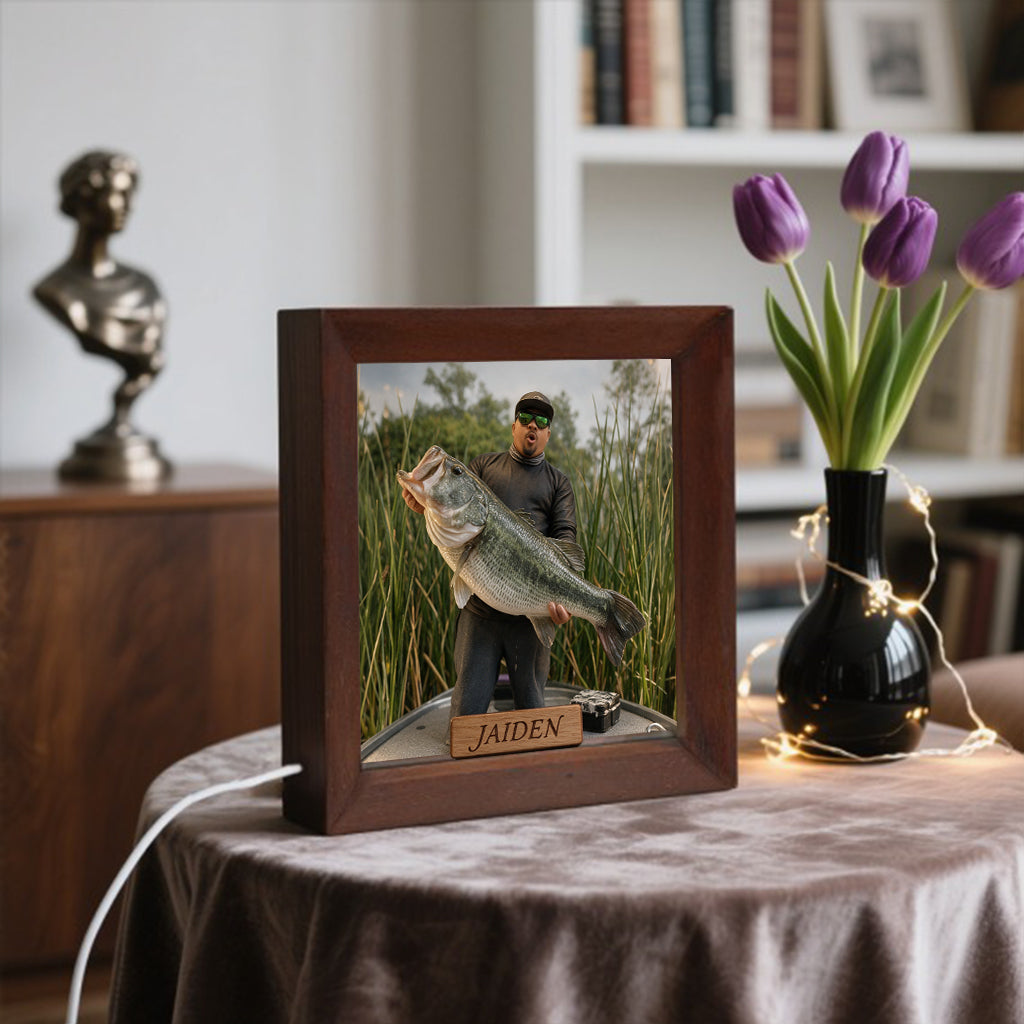 Miniature Style Gift, Custom From Any Photo - Personalized Fishing Wooden Frame LED Light