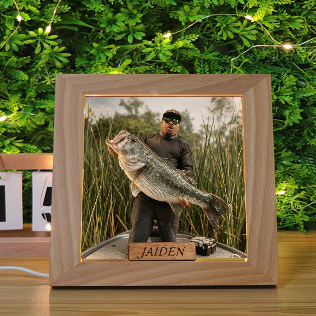 Miniature Style Gift, Custom From Any Photo - Personalized Fishing Wooden Frame LED Light