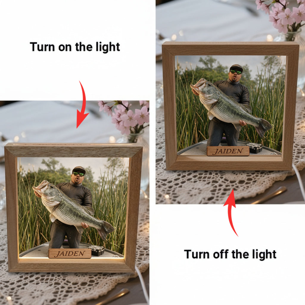 Miniature Style Gift, Custom From Any Photo - Personalized Fishing Wooden Frame LED Light
