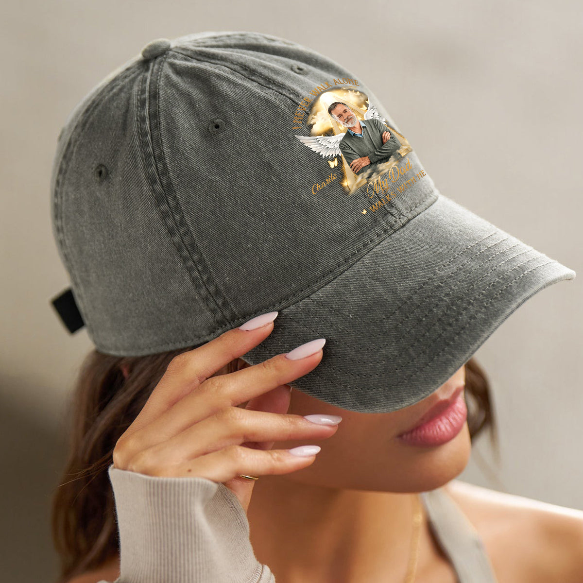 I Never Walk Alone - Personalized Memorial Washed Denim Cap