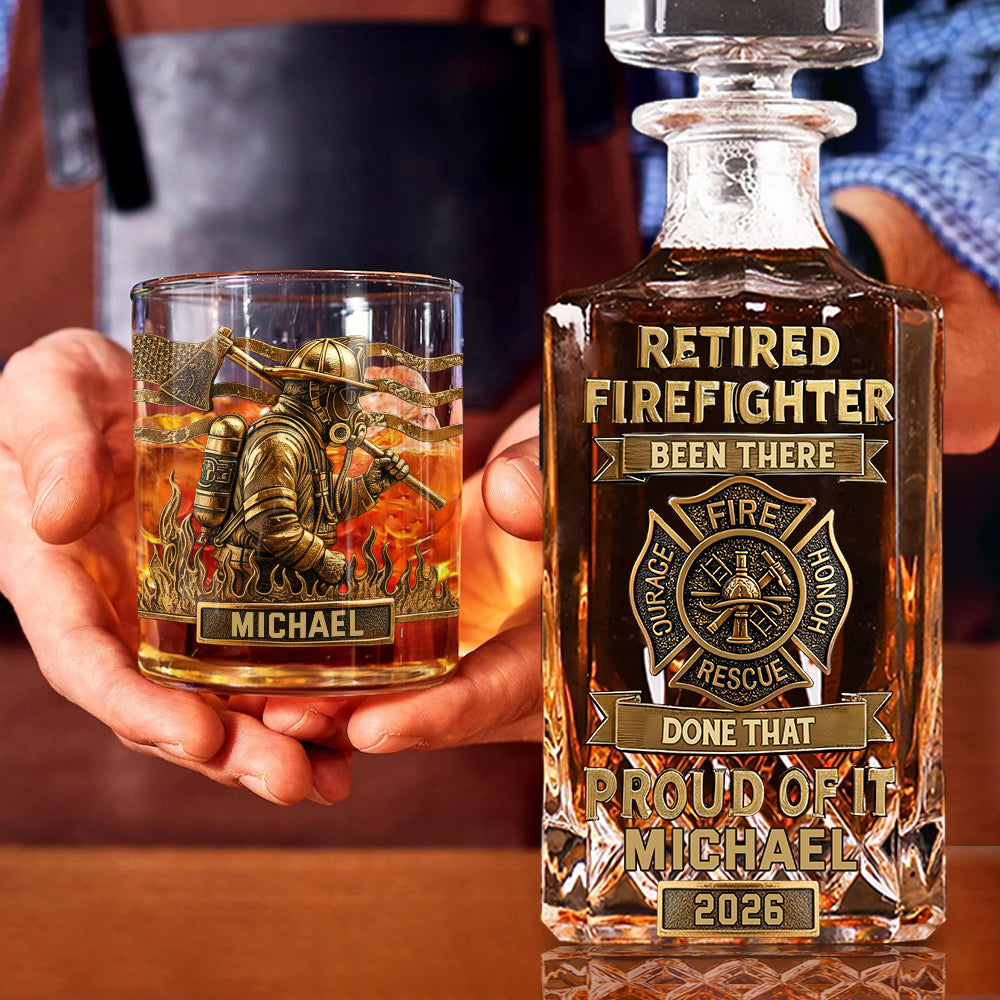 Proud Retired Firefighter - Personalized Firefighter Whiskey Decanter Set