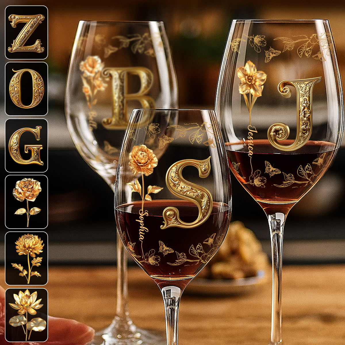 Gold Flowers - Personalized Luxury Wine Glass With Long Stem