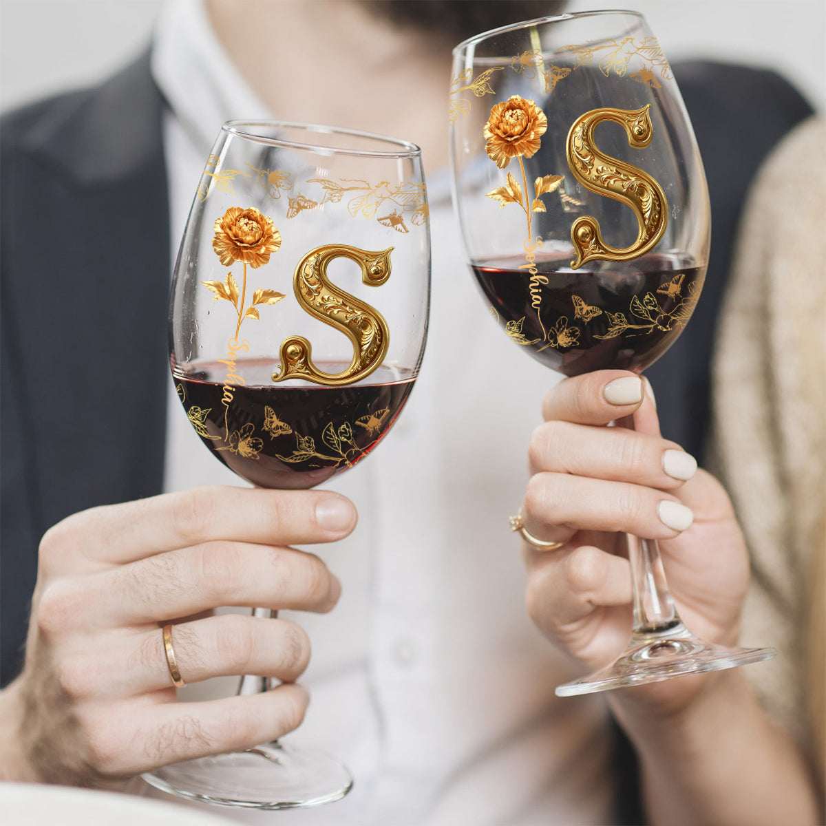Gold Flowers - Personalized Luxury Wine Glass With Long Stem