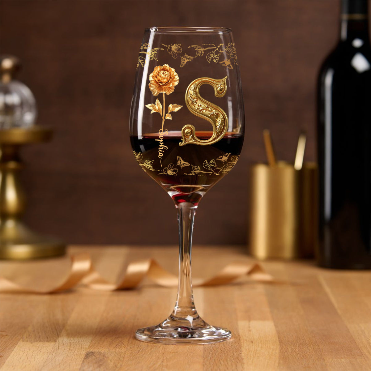 Gold Flowers - Personalized Luxury Wine Glass With Long Stem