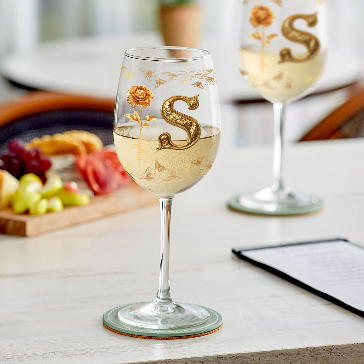 Gold Flowers - Personalized Luxury Wine Glass With Long Stem