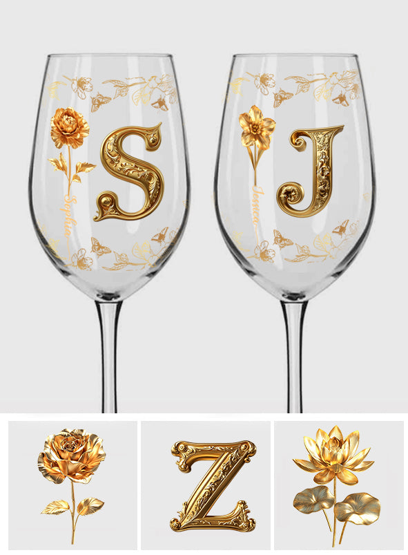 Gold Flowers - Personalized Luxury Wine Glass With Long Stem
