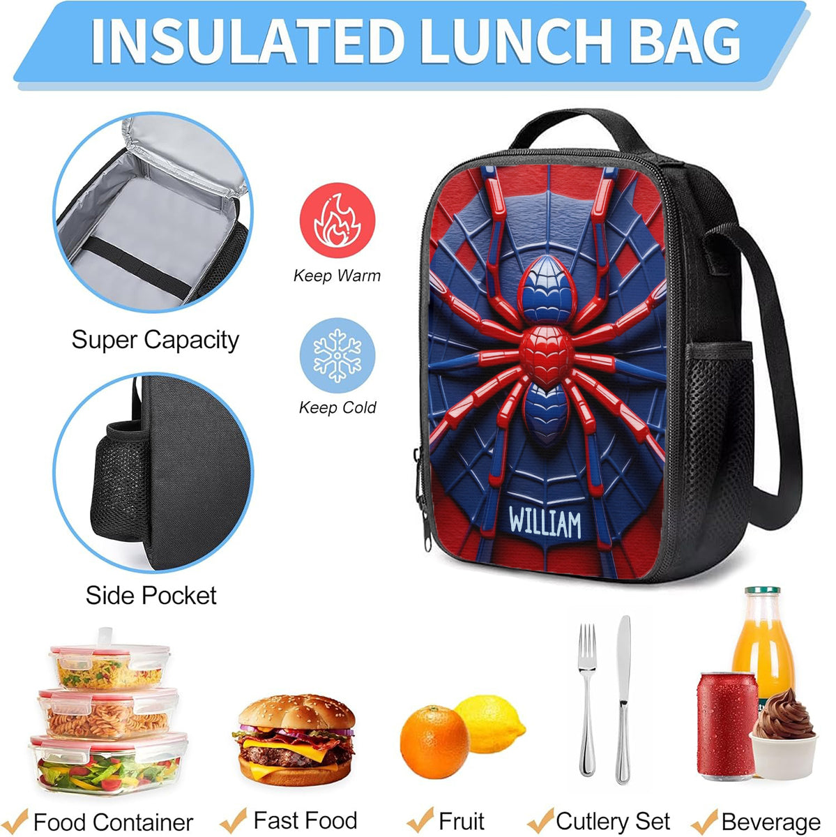 Spider - Personalized Kid Backpack Lunch Bag Pencil Case Set