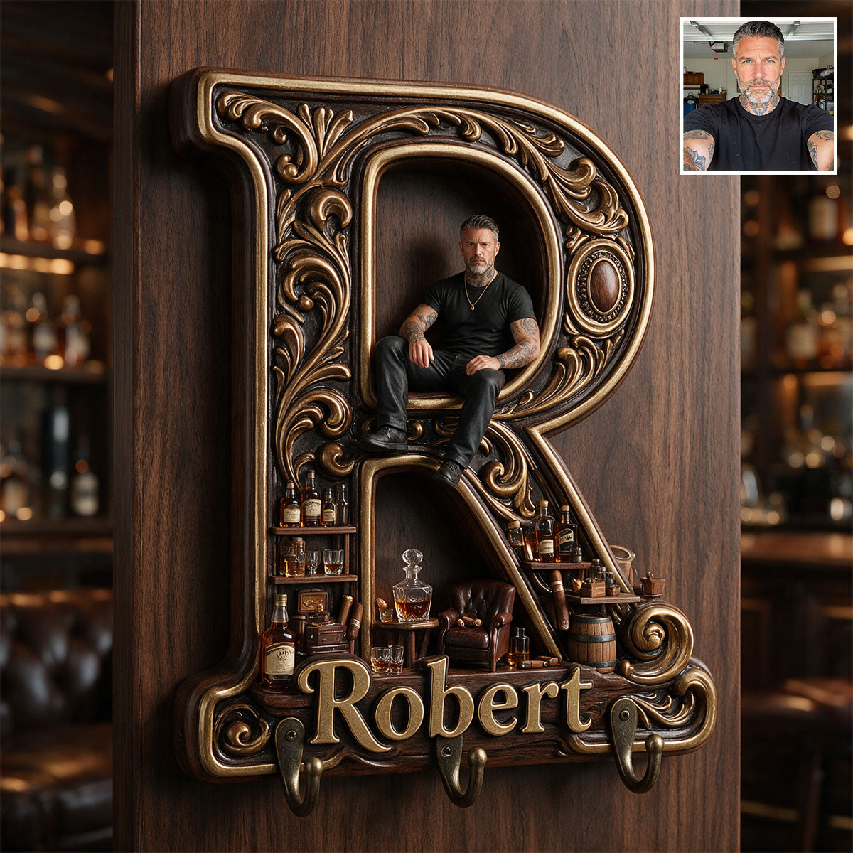 Any Photo Monogram Key Holder - Personalized Real Men Custom Shaped Hanging Rack