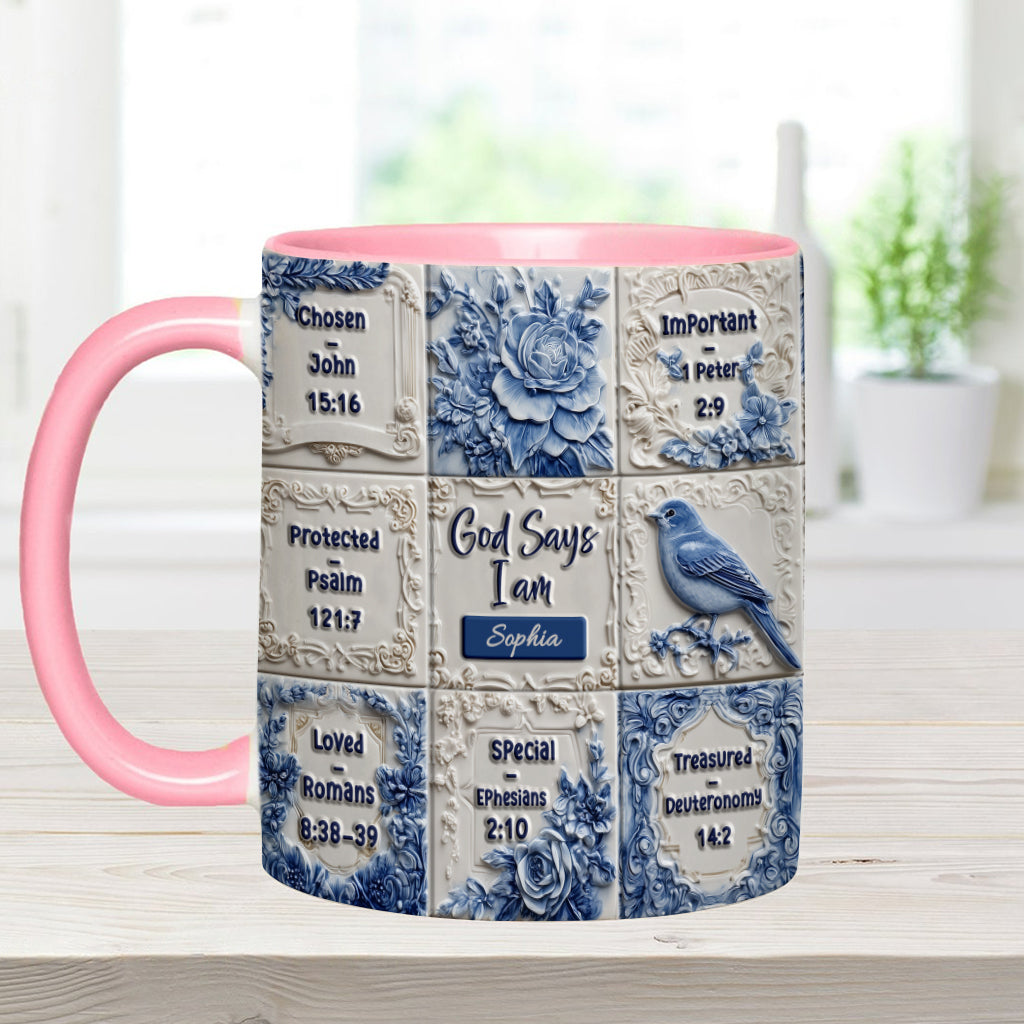 God Says I Am Toile De Jouy Pattern - Personalized Christian Accent Mug