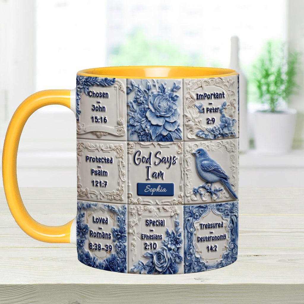 God Says I Am Toile De Jouy Pattern - Personalized Christian Accent Mug