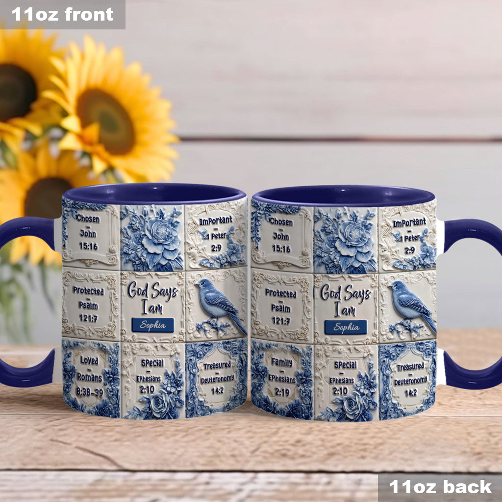God Says I Am Toile De Jouy Pattern - Personalized Christian Accent Mug