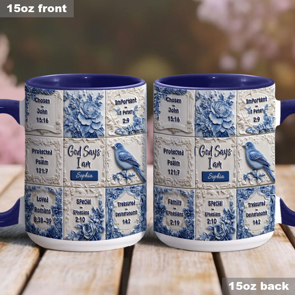 God Says I Am Toile De Jouy Pattern - Personalized Christian Accent Mug