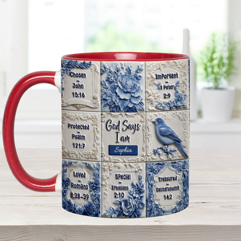 God Says I Am Toile De Jouy Pattern - Personalized Christian Accent Mug