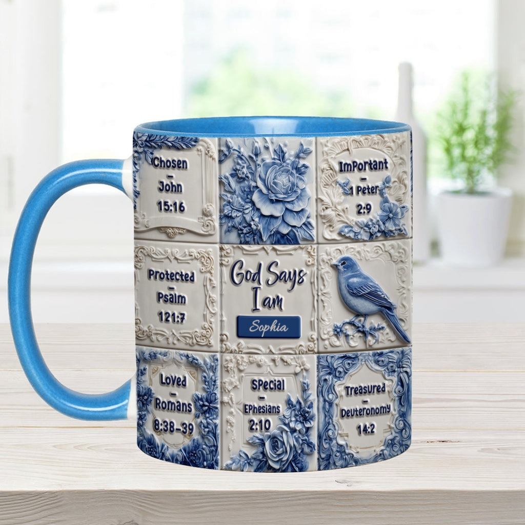 God Says I Am Toile De Jouy Pattern - Personalized Christian Accent Mug