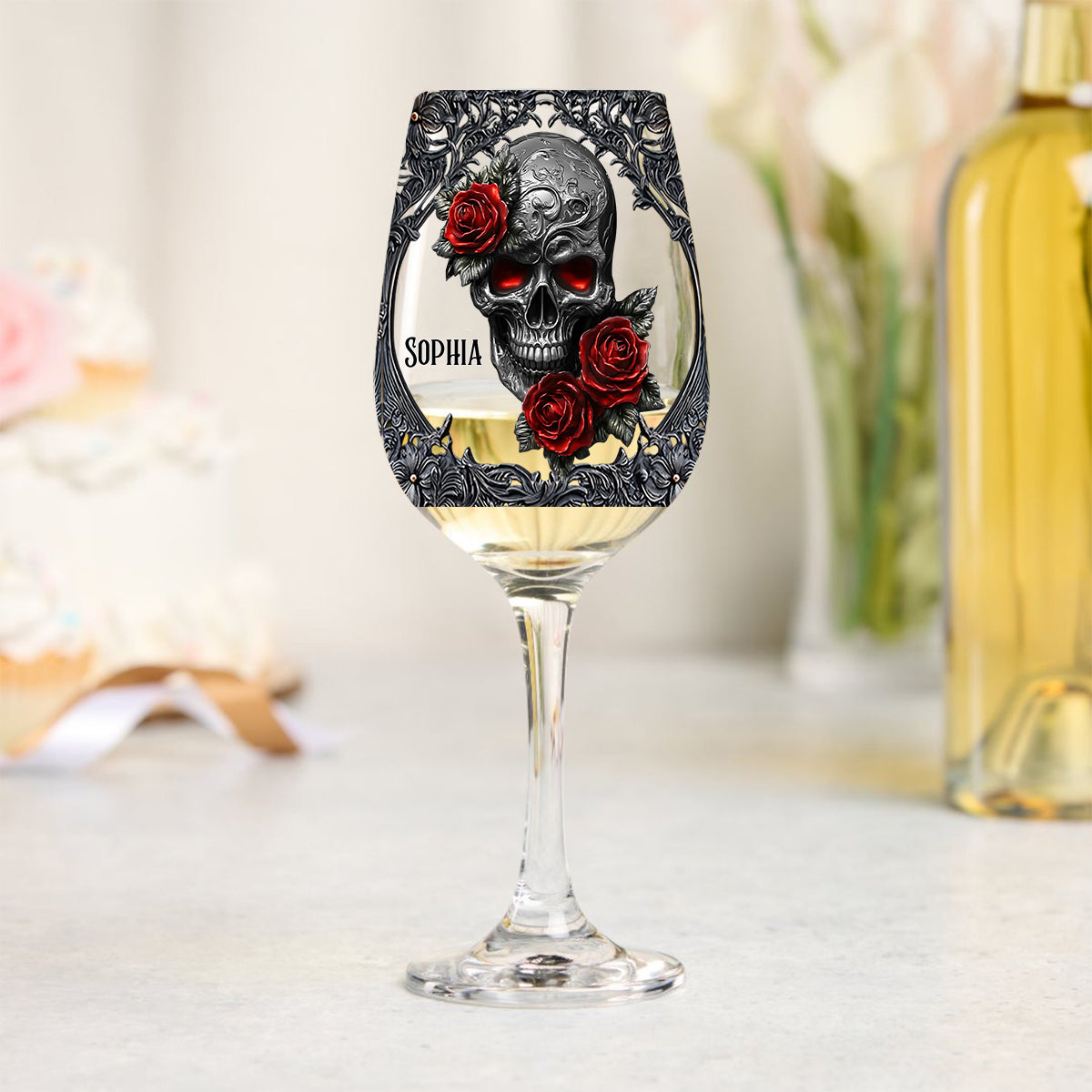 Hello Darkness - Couple Gift - Personalized Skull Wine Glass With Long Stem