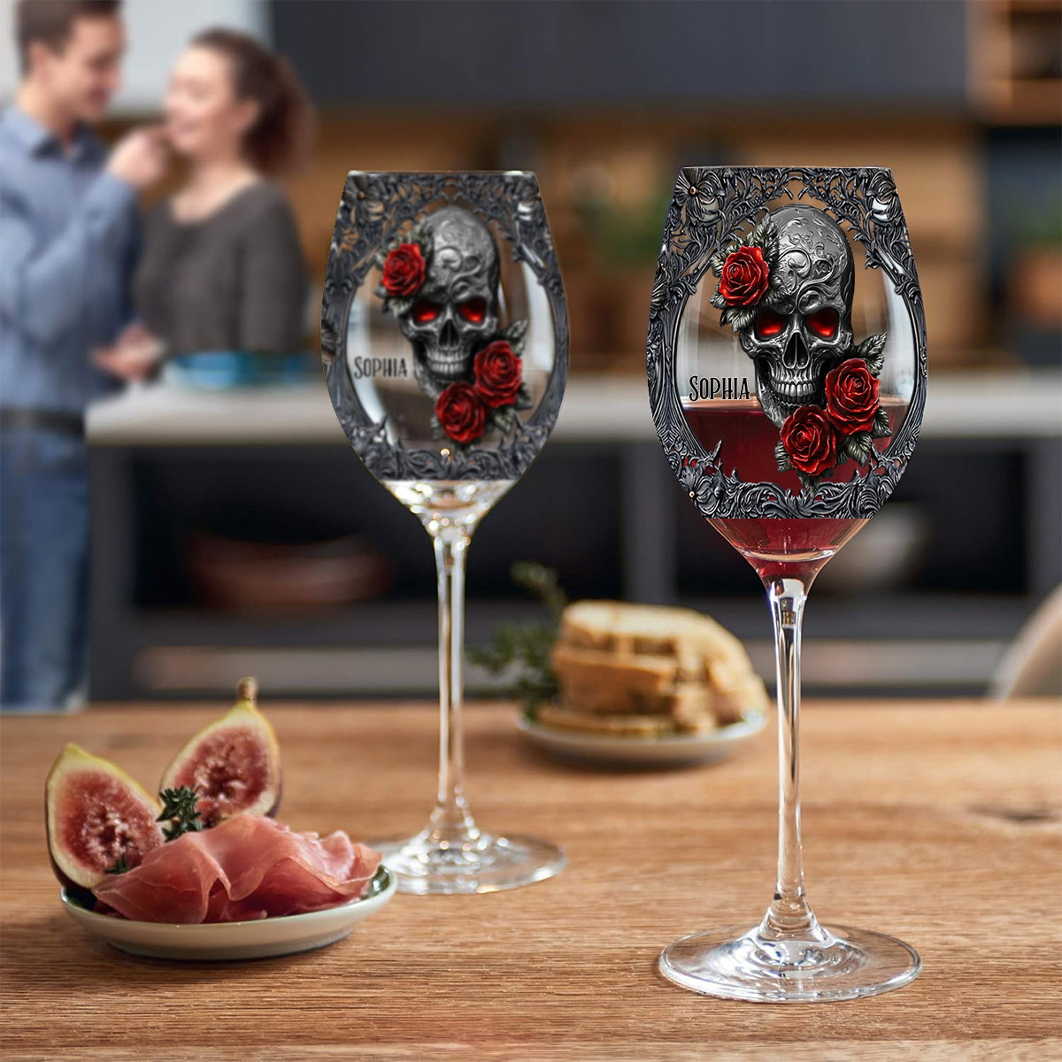 Hello Darkness - Couple Gift - Personalized Skull Wine Glass With Long Stem