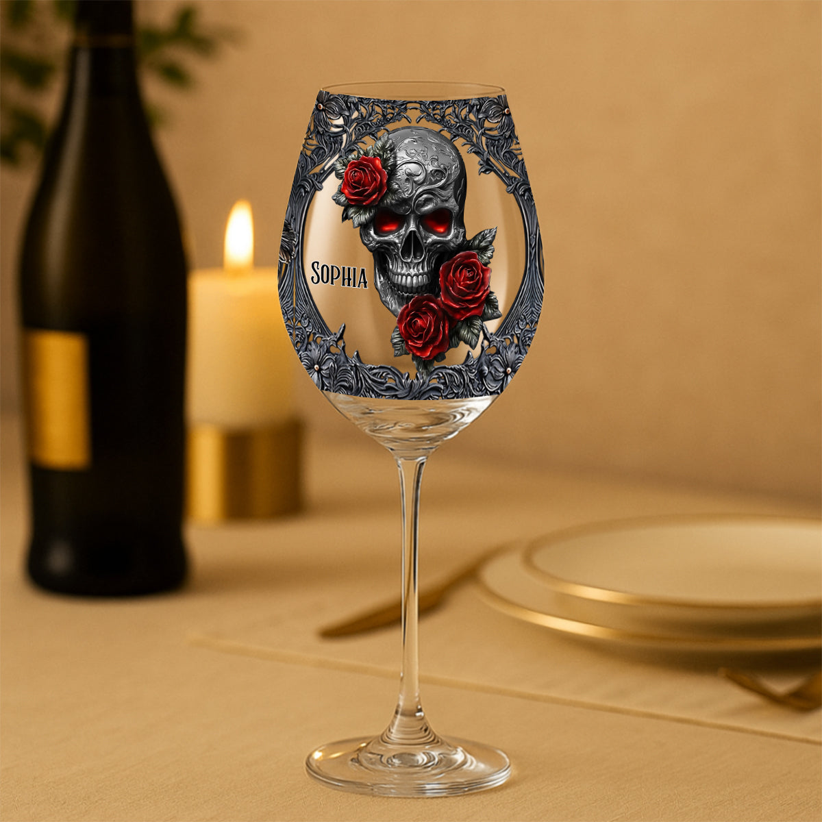Hello Darkness - Couple Gift - Personalized Skull Wine Glass With Long Stem